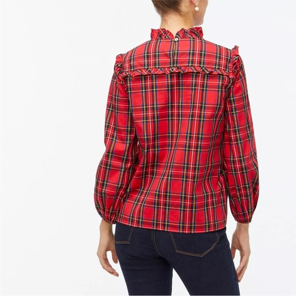 J Crew BC856 NWT Size XS Gorgeous Red Tartan Plaid Ruffled Cotton Popover Top - Picture 3 of 10